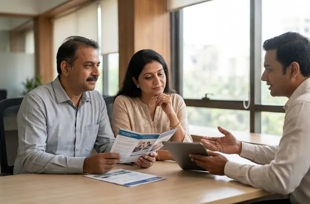 LIC agent explaining a retirement plan to a senior couple, representative of pension planning guidance offered in Dapodi