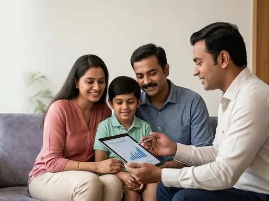 LIC agent in a family consultation on child and family insurance planning, representative of guidance offered to families in Bavdhan
