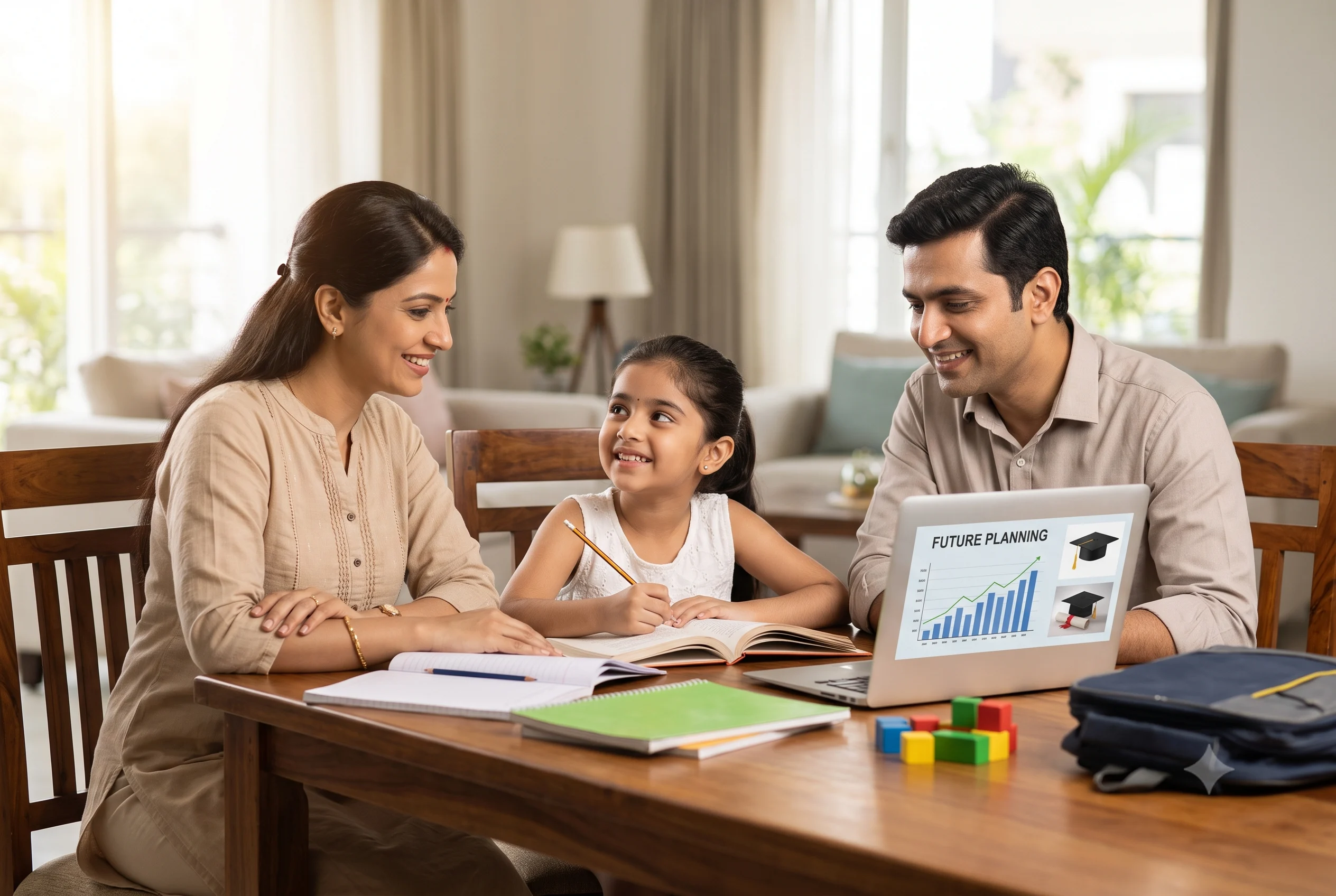 A parent and child going over education planning documents for an LIC child plan