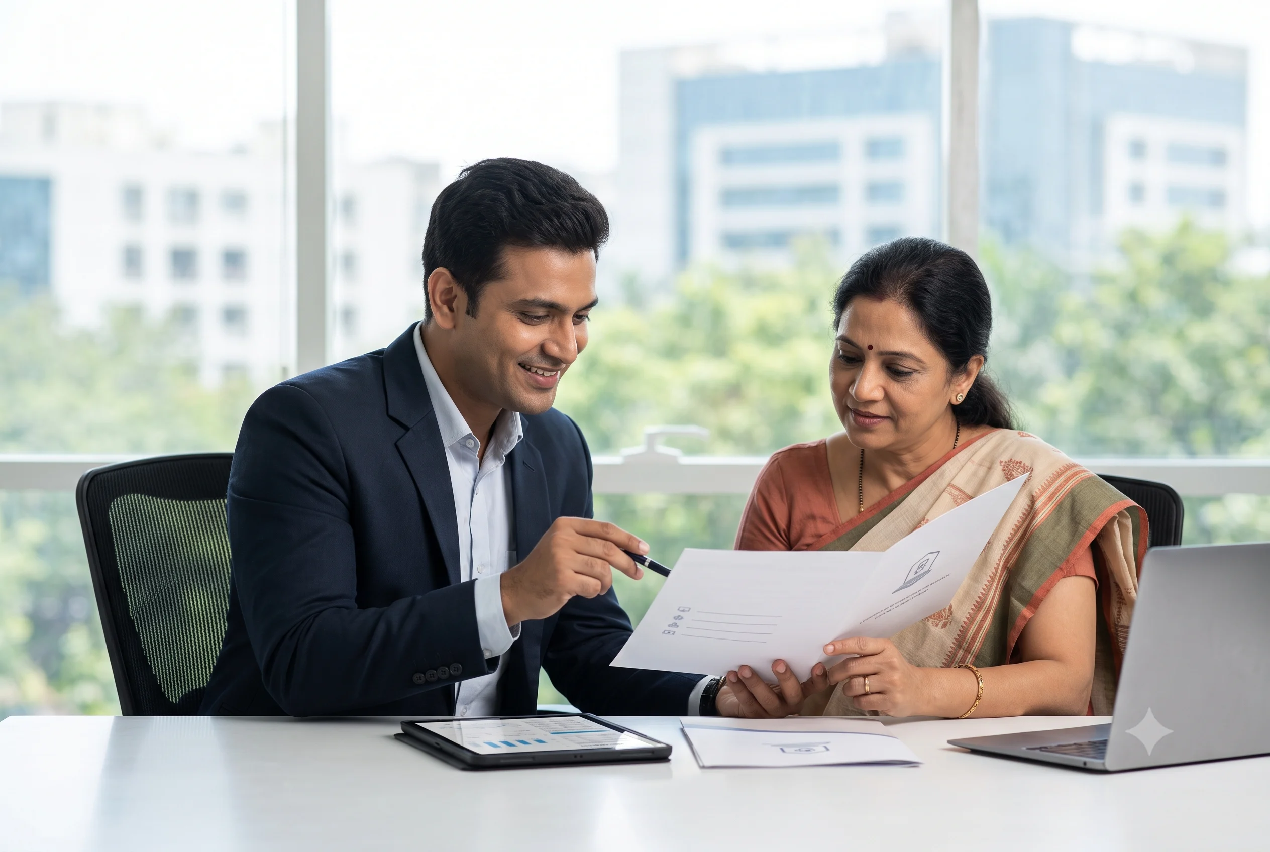 S. Kulkarni reviewing an existing LIC policy document with a client in Pune to check cover and nominee details